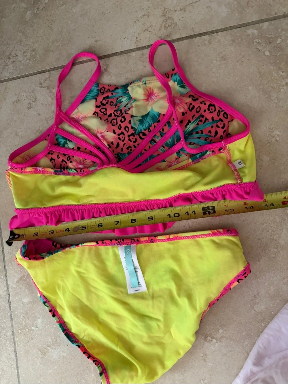 Girls' Neon Pink Tropical Ruffle Bikini Set
